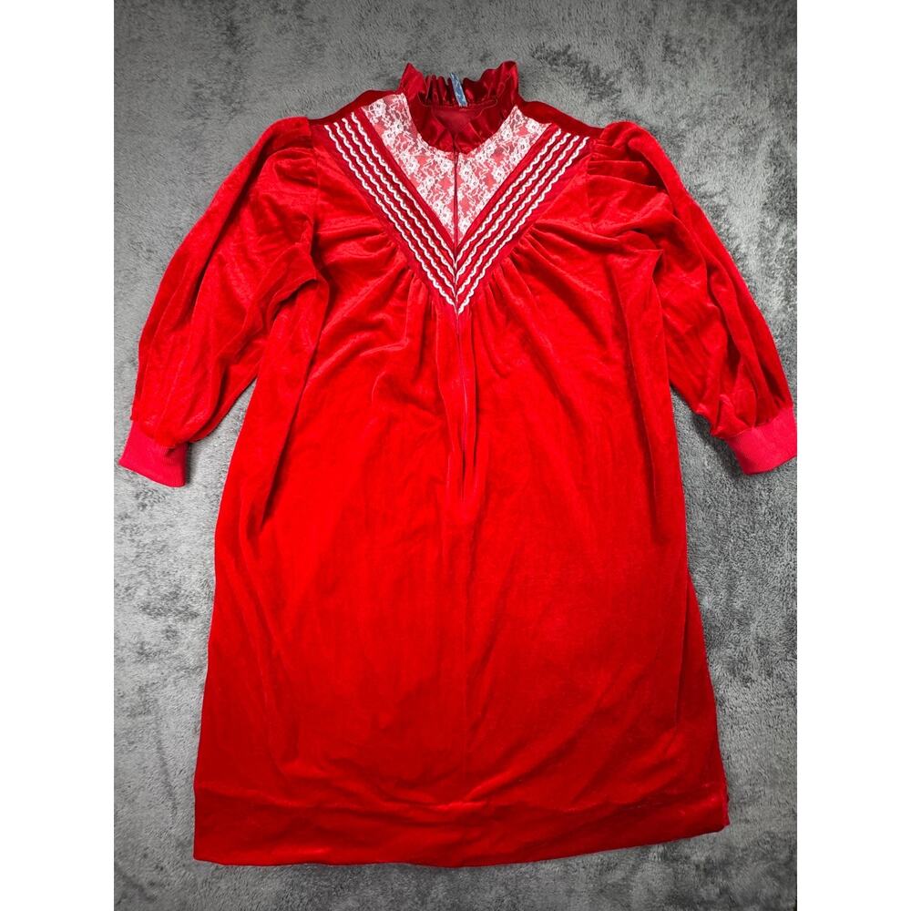 Vintage 1970s Red Velour Lace Ruffle Collar Nightgown Lounge Dress Sleep Gown